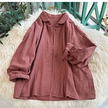 简约日系文艺复古长袖红衬衫女春秋宽松叠穿内搭双层棉纱衬衣