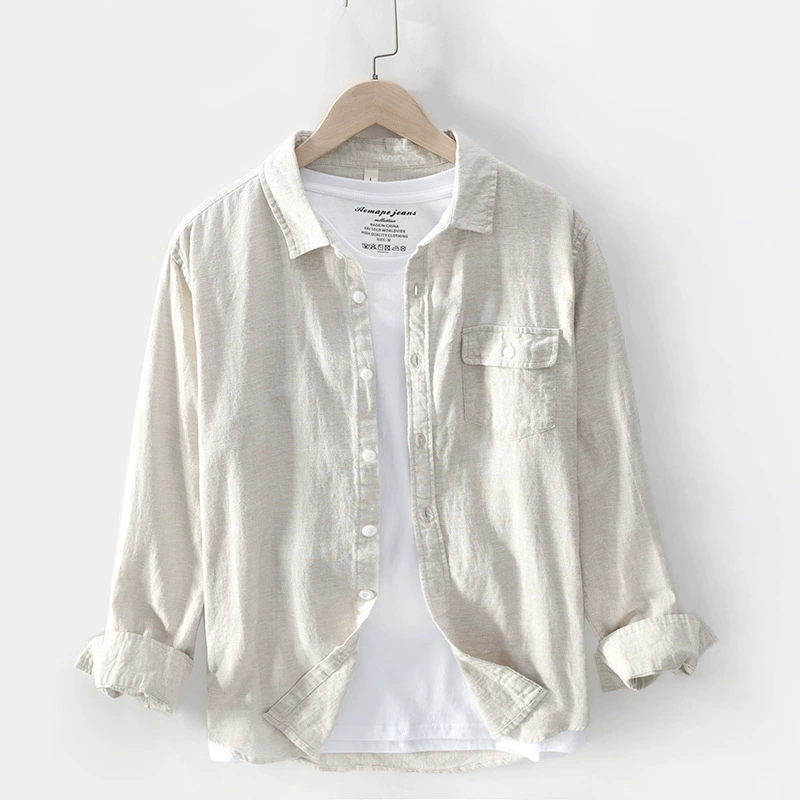 Японская ретро-летняя рубашка, трендовая, с длинным рукавом, хлопок и лен