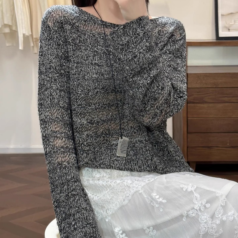 丝羊绒宽松显瘦针织衫女2025秋装新款亮片百搭显瘦羊毛衫圆领毛衣|undefined