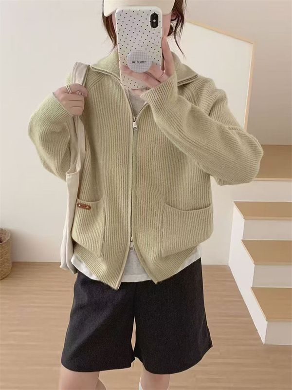 秋冬新款韩系宽松纯色立领针织开衫百搭简约款拉链休闲毛衣女外套|undefined