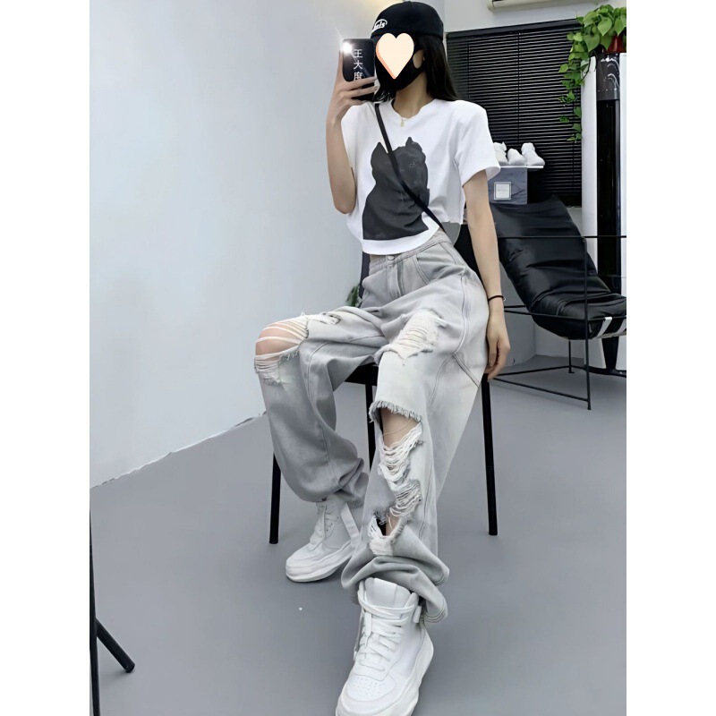 2023 Plus-Size High-Waisted Ripped Denim Wide-Leg Boyfriend Pants for Women, Summer Unisex Straight-Leg Pants, Trendy Loose Fit, Slimming