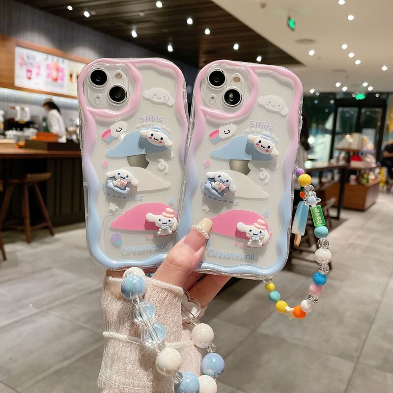 Three-Dimensional Wave Pattern Suitable for iPhone 17 Cartoon Gradient Cinnamoroll Case Apple 15 Cute Bracelet Bead Protective Cover