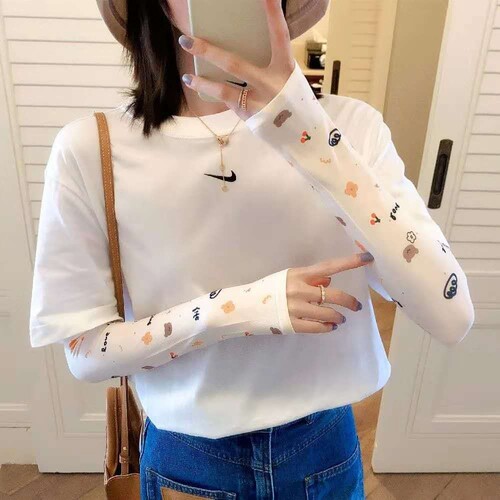 Sun Protection Sleeve for Women, Cartoon Printed, Student Sun/UVA Protective Riding Gloves for Men, Sports Driving Cute Bear Ice Sleeves