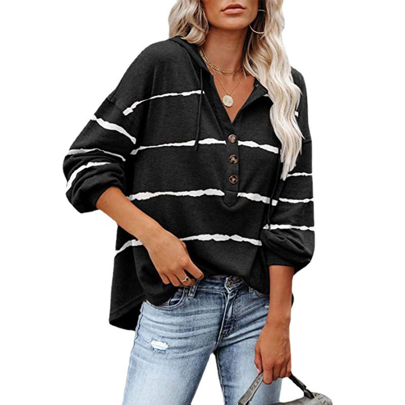 Women s Loose V-neck Long Sleeve Striped Buttoned Hoodie nihaostyles clothing wholesale NSLZ77512