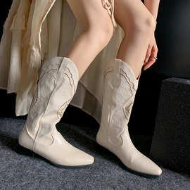白色牛皮复古刺绣西部牛仔靴v口显瘦低跟中筒骑士靴女夏高筒靴子