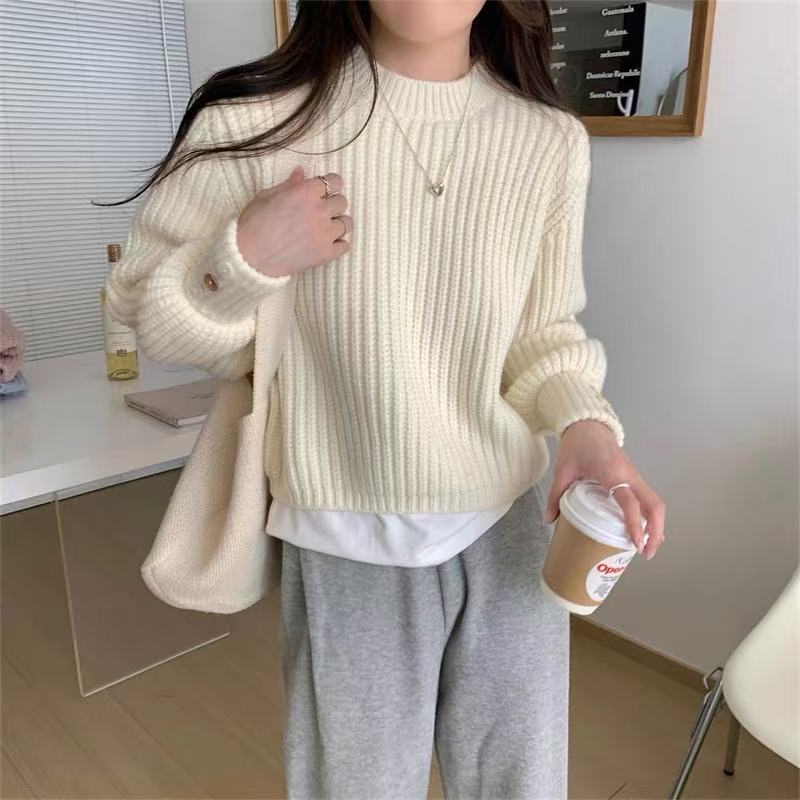 跨境秋冬新款纯色粗针长袖套头毛衣女简约休闲百搭基础款套衫女|undefined