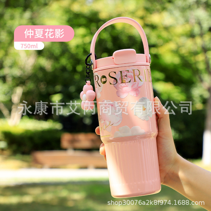 女神吸管保温杯繁花系列高颜值大容量便携咖啡杯车载家用节日送礼|undefined