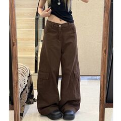 复古显瘦宽松直筒拖地长裤感辣妹多口袋设计秋季阔腿牛仔裤女新款