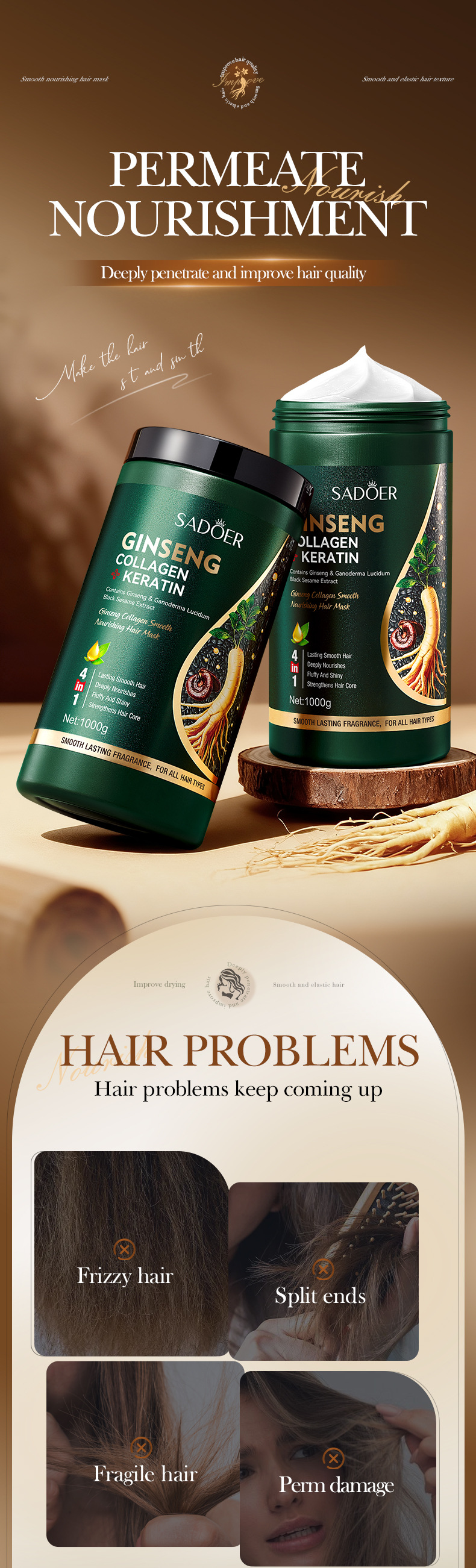 SADOER Ginger Ginseng Polygonum Multiflorum Strong Hair Mask Nourishing Hair Conditioner 1000g_voghion.com