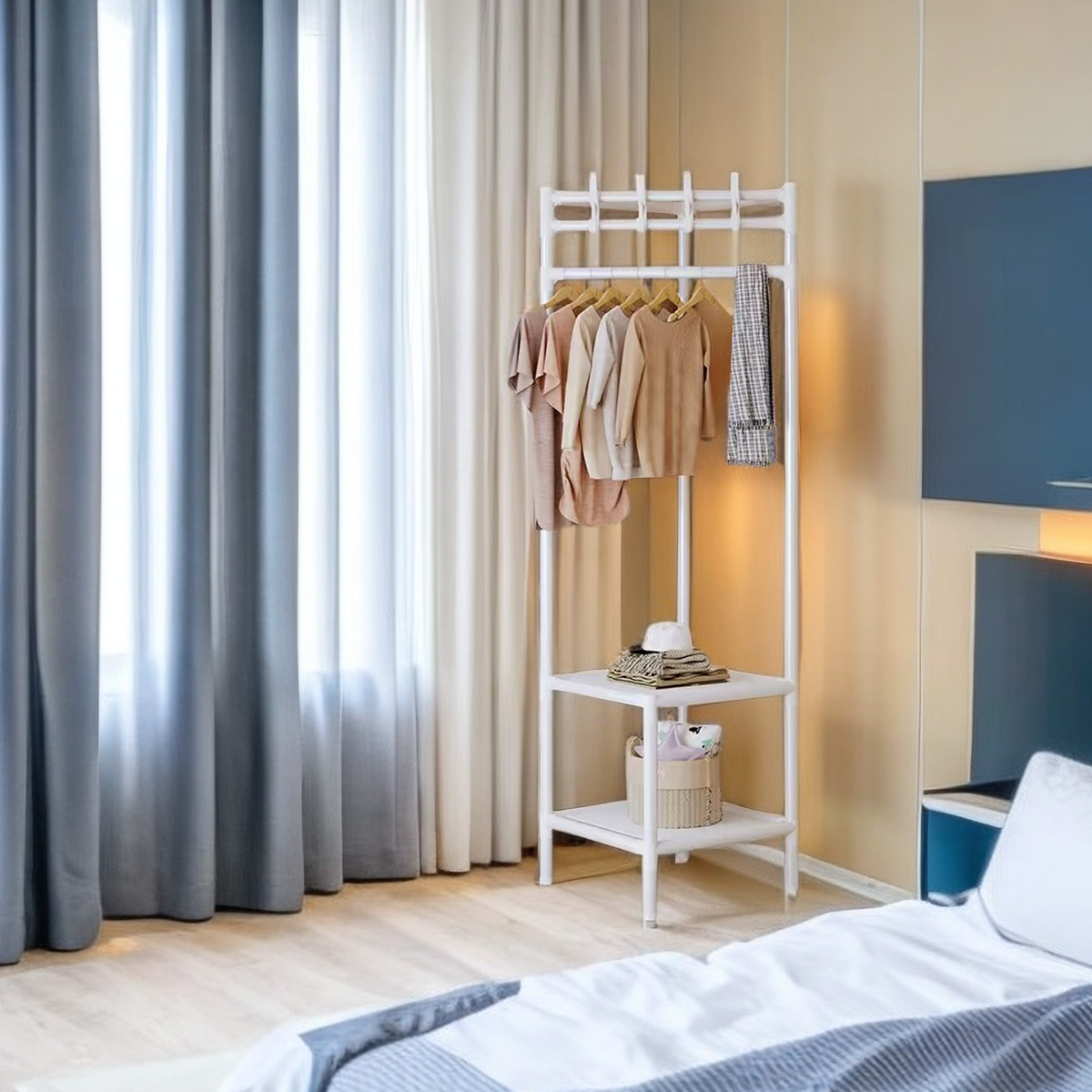 percha de ropa doméstica tipo piso percha de esquina percha de ropa multicapa para almacenar artículos en la cabecera de la cama para colgar ropa percha de zapatos integral