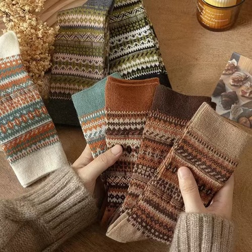 New women's autumn and winter pilling socks, Japanese retro knee-high socks, ethnic style, double-needle double-track Mélange color