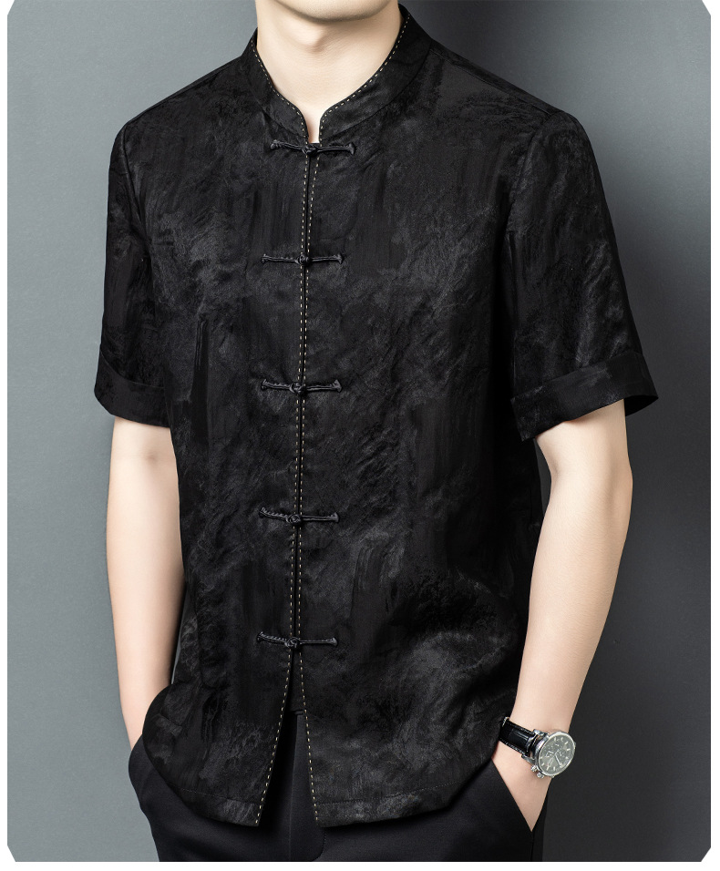 Áo sơ mi ngắn tay nam mulberry silk mỏng nhẹ mùa hè dáng rộng — Đen 26A230 chi tiết 9