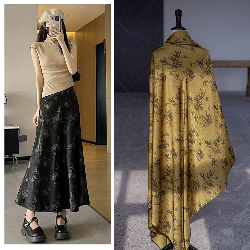 Imitation Acetate Bamboo Leaf Bronze Black Gold Silks and Satins Fabric Chinese Style Draped Shirt Culottes Clothing Designer Fabric