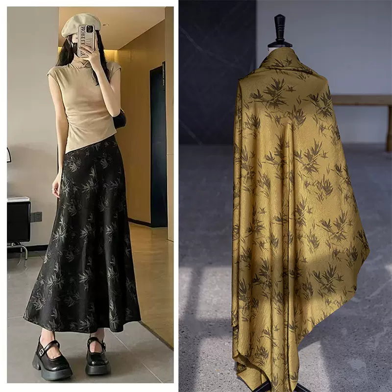 仿醋酸竹叶古铜黑金色绸缎布料中国风垂顺衬衫裙裤服装设计师面料