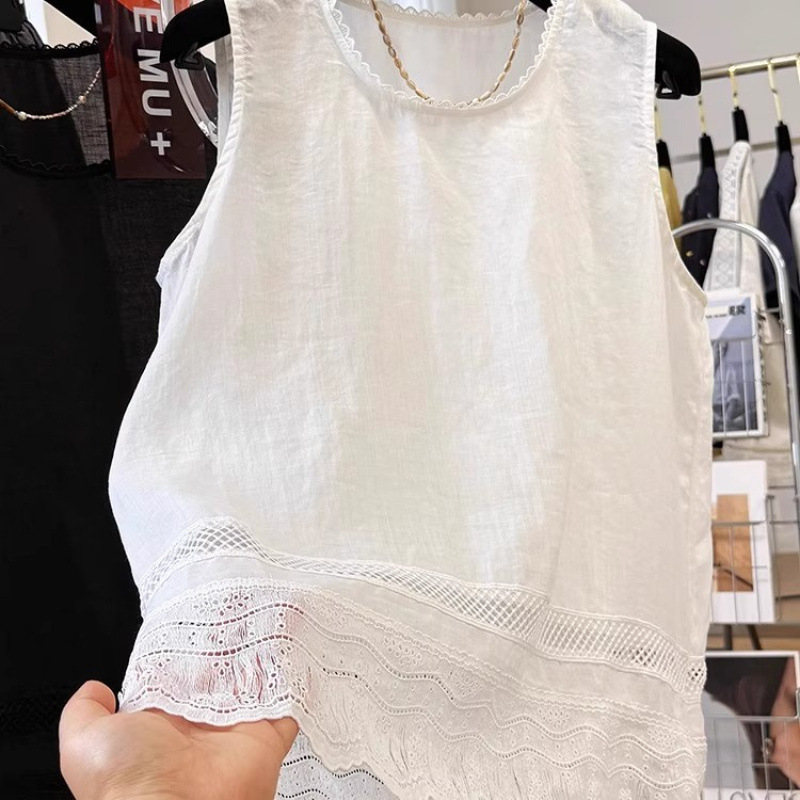 女性の夏のアウターウェアのためのハイエンドのレースの綿ラウンドネックベストシャツ薄いノースリーブベストシャツトップ|undefined