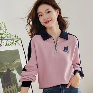 2024 Spring and Autum New Women's Polo Collar Elegant Half-Zip Cat Embroider Contrasting Color Stitching Right Shoulder Sweatshirt