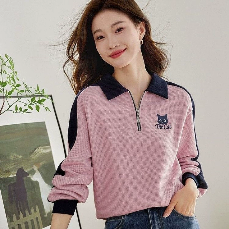 2024 весна и осень, новая женская элегантная толстовка с воротником-поло на молнии с вышивкой кота контрастного цвета с правым плечом