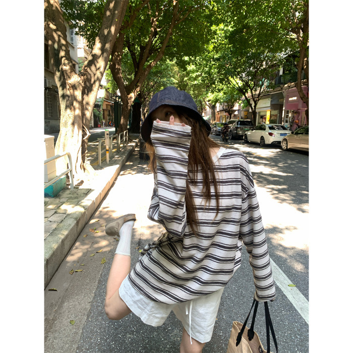 慵懒风条纹长袖T恤女2025秋季新款宽松中长款小众韩系圆领上衣潮|undefined