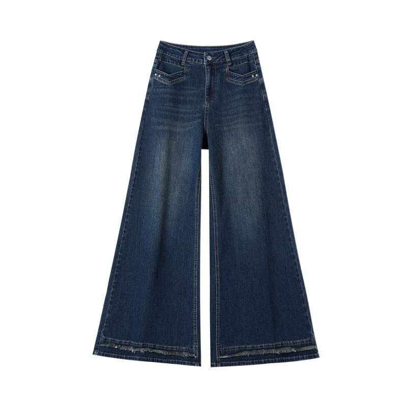 Jeans retro de piernas largas de lana primavera de mujeres 2026 nuevo tipo delgado de cintura alta flácida chandeliers