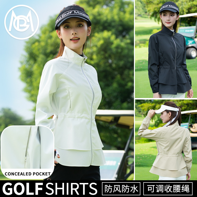 Pgm Golf Women's Clothing with Ruffled Hem, Zipper, Stand-Up Collar, Autumn and Winter Women's Clothing Tops, Women's Jackets