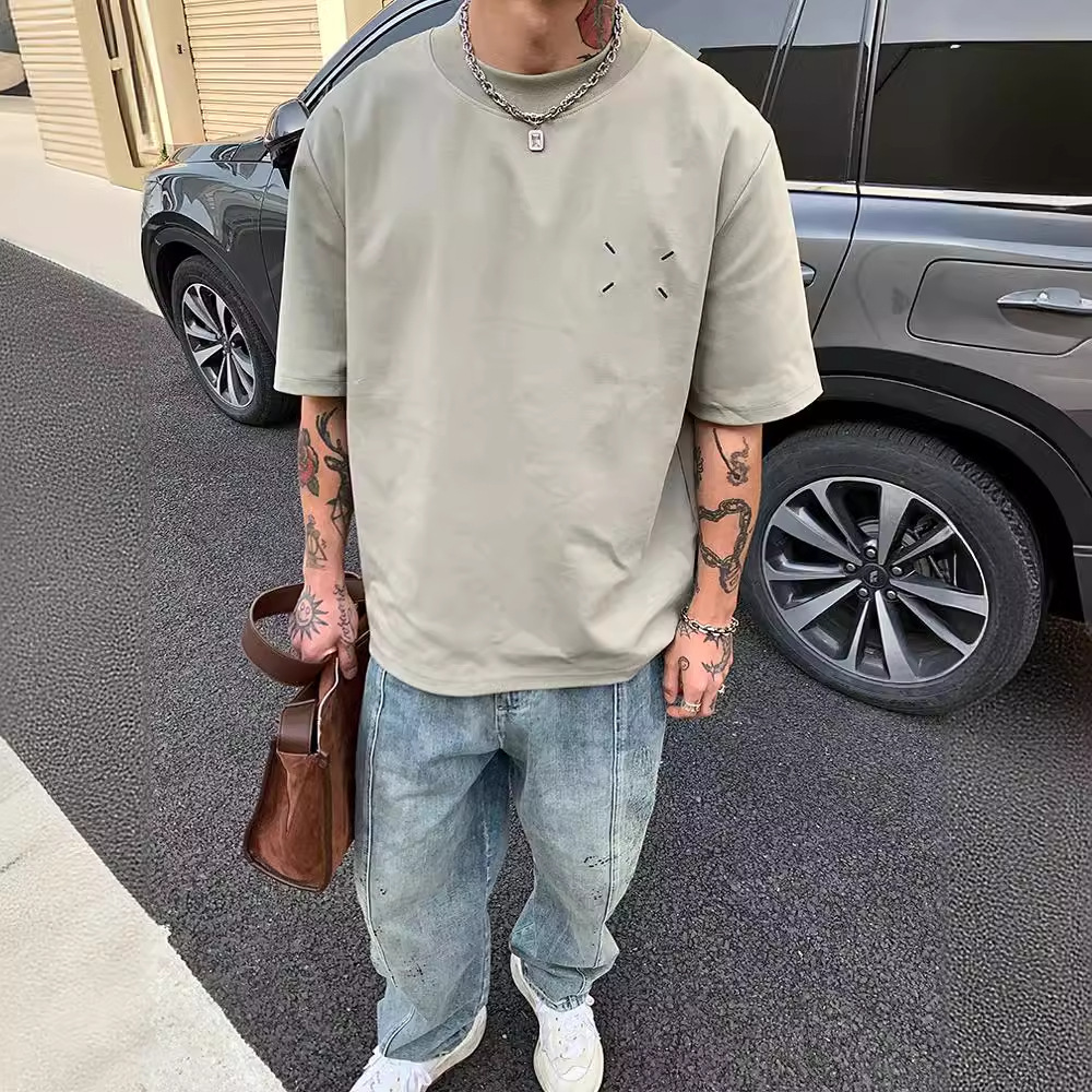 Summer New American Style Ins Trendy Brand Simple Solid Color Short-sleeved T-shirt Men's Loose Design Pure Cotton Small Collar Top