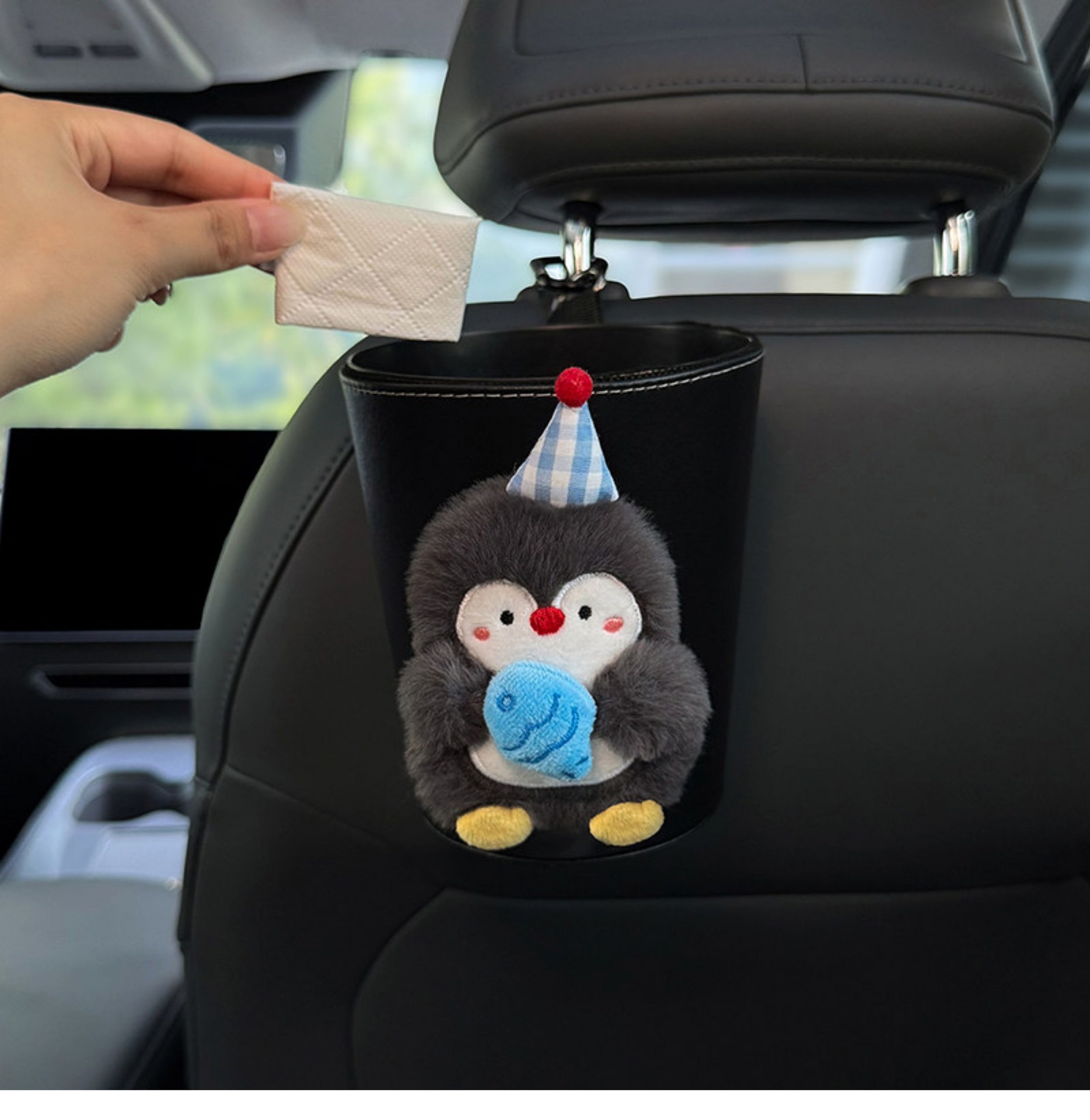 2026 New Penguin Car Trash Bin and Tissue Box 2-in-1 Front and Rear Seat Tissue Hanging Bag Cute Car Storage