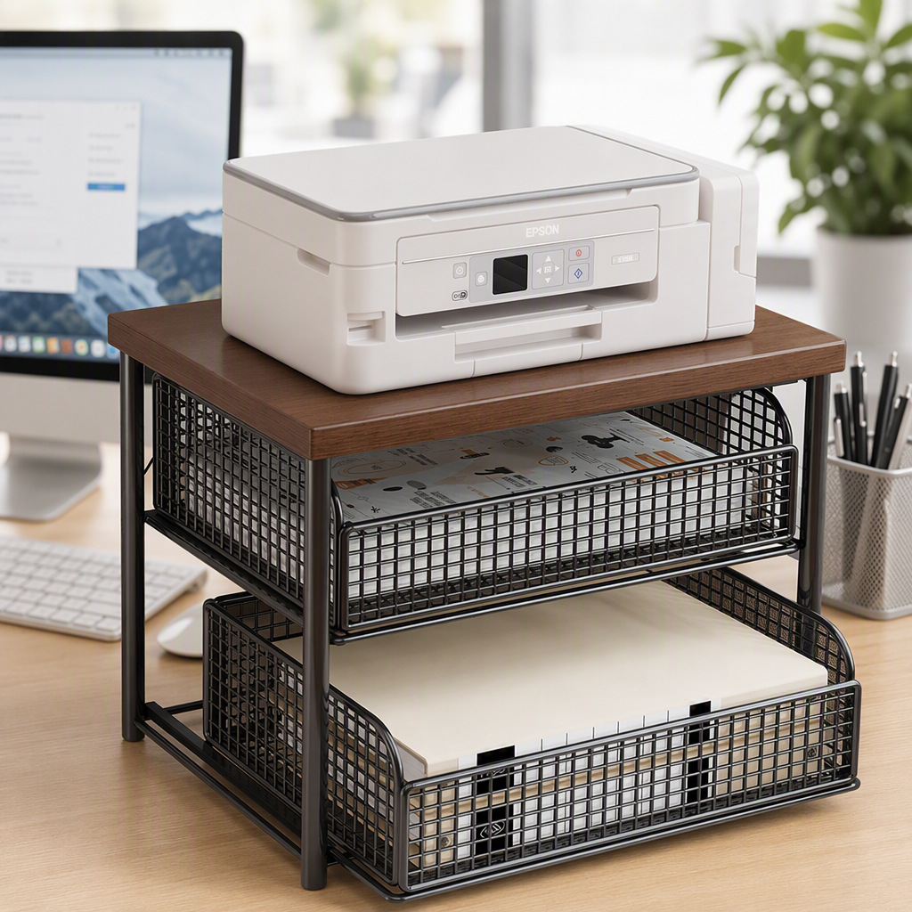 Desktop Storage Rack for Office Use, Printer Storage Rack, Multi-Layer Storage Wooden Board