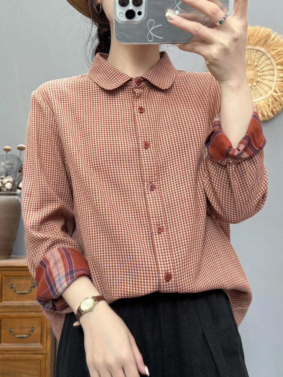 日系小格子双层纱衬衫 2025春秋季新款休闲女韩版百搭衬衣