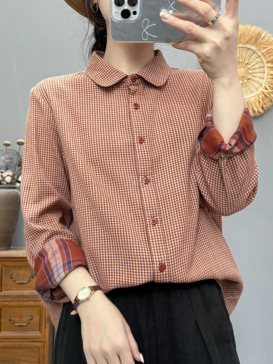 Японская маленькая клетчатая двухслойная пряжа рубашка весна и осень 2025 новая повседневная женская корейская дикая рубашка
