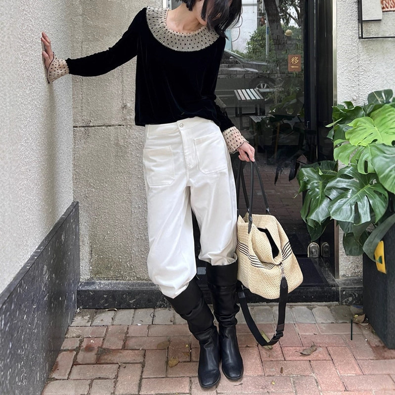 南油女装上新真丝绒拼接娃娃领上衣25秋款法式减龄小衫长袖不退换|undefined