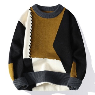 Anyang Stitching Contrast Color Sweater Men's Winter Casual Personality Design Knitted Sweater Men's Loose Lazy Style Sweater