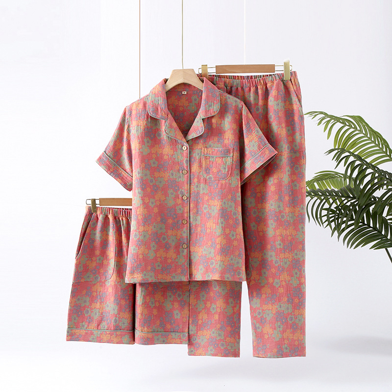 春夏纯棉纱布复古提花女睡衣短袖短裤长裤三件套薄款家居服可外穿