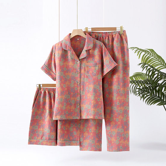 Spring and Summer Pure Cotton Yarn-dyed Washed Cotton Vintage Women's Short-sleeved Shorts Trousers Three-piece Pajamas Thin Cardigan Home Clothes