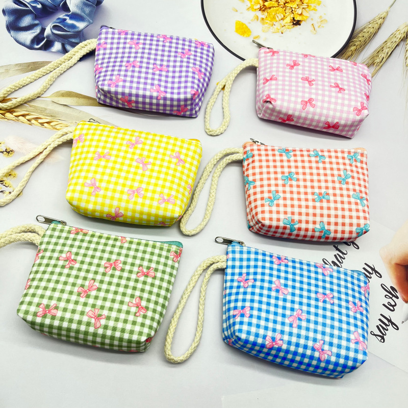 New Korean-style plaid bow tie coin purse wrist strap coin bag student storage small wallet creative small bag
