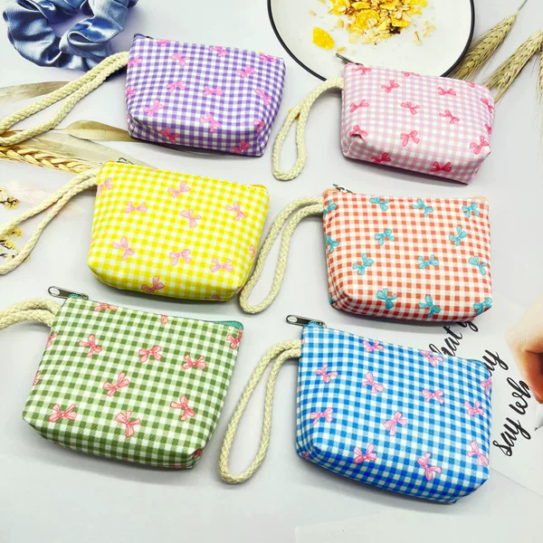 New Korean-style plaid bow tie coin purse wrist strap coin bag student storage small wallet creative small bag