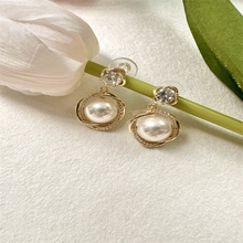 真金電鍍銀針鋯石珍珠花環耳環時尚氣質個性耳環鏤空珍珠淑女耳飾