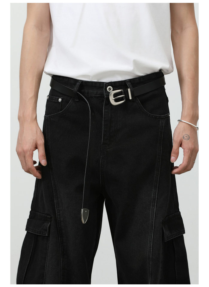 Quần jean nam ống rộng baggy phong cách retro Mỹ, nhiều túi khóa kéo, lưng giữa eo — màu xám đen chi tiết 23