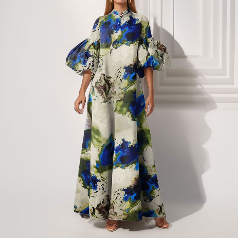 2026 New Summer Women's Clothing, Cross-Border European and American Dresses, Elegant Plant-Printed Puff-Sleeved Long Dress