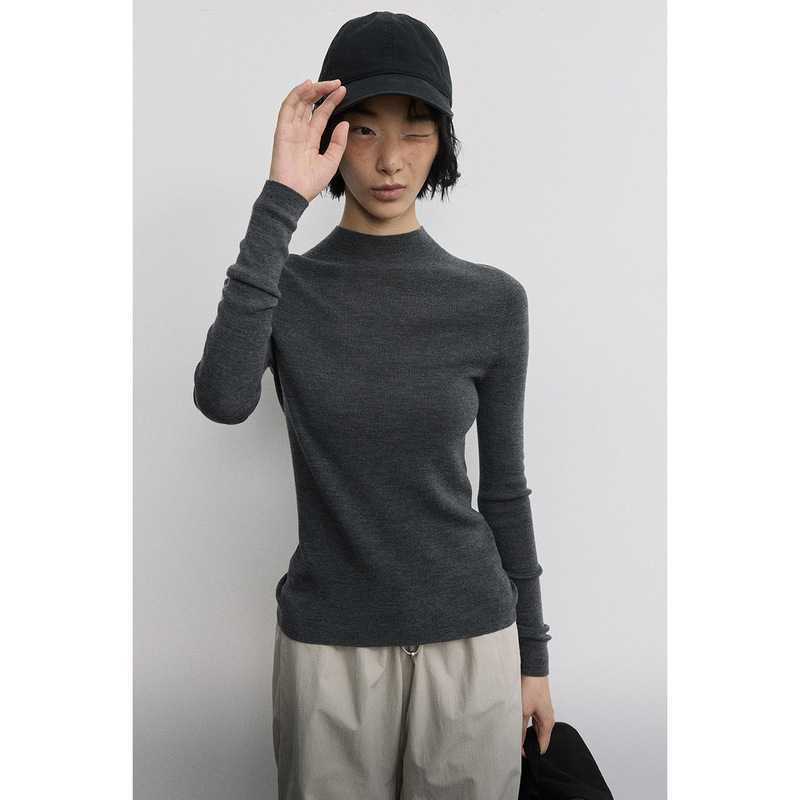 [Time to Know] New All-Wool Seamless Half-High Collar Base Layer Slim-Fit Long-Sleeve Basic Knit Sweater for Women J7767