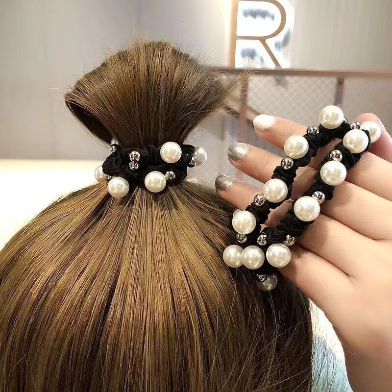 Imitation Bead Hair Rope Bracelet Dual-purpose Hair Accessories Korean Style Simple Basic Hair Ring Black Hair Rope Women's Hair Tie Hair Strap