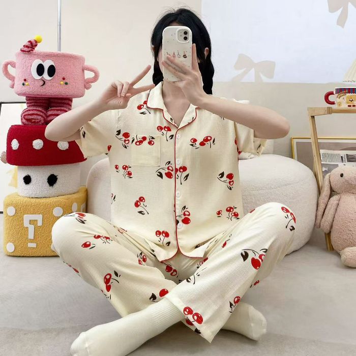 Vietnam transfronterizo al por mayor pijamas de verano para mujer, pantalones frescos de manga corta, cárdigan estampado, servicio a domicilio, dos trajes
