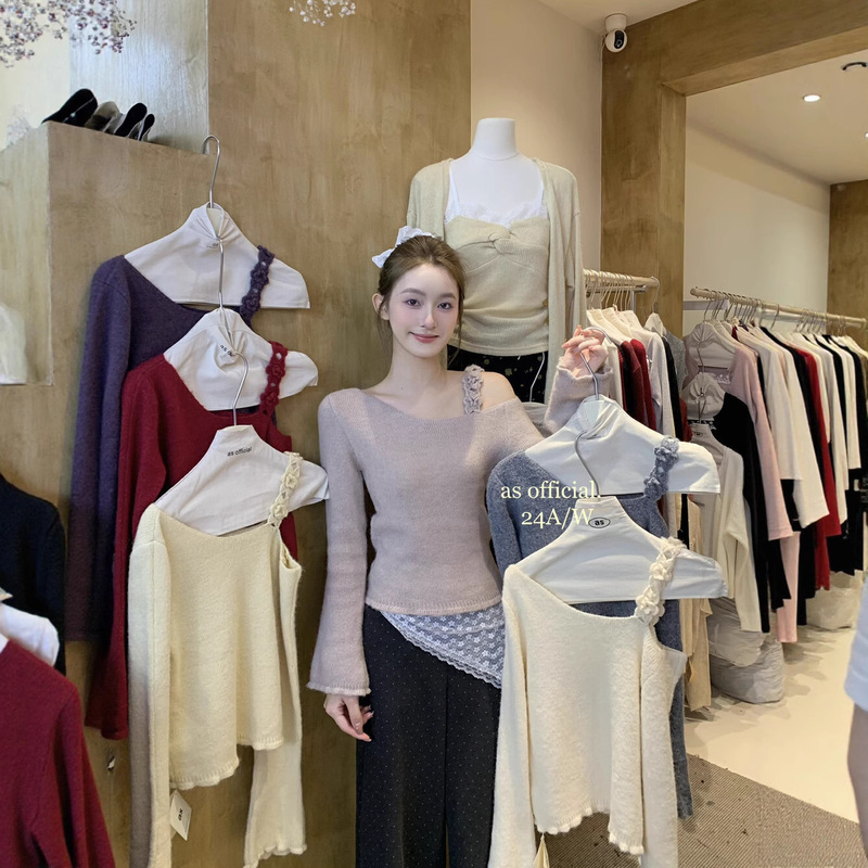 紫色手工钩花露肩针织衫女春秋2025新款软糯毛衣短款小个子上衣|undefined