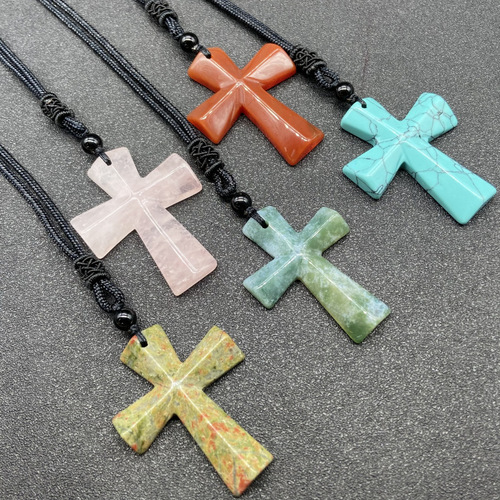 Natural Stone Christmas Gift Agate Braided Semi-Precious Cross Necklace Sweater Chain Casual Christian Gift