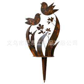 跨境Bird & Wildflower Metal Garden Stake鸟与野花金属花园插牌