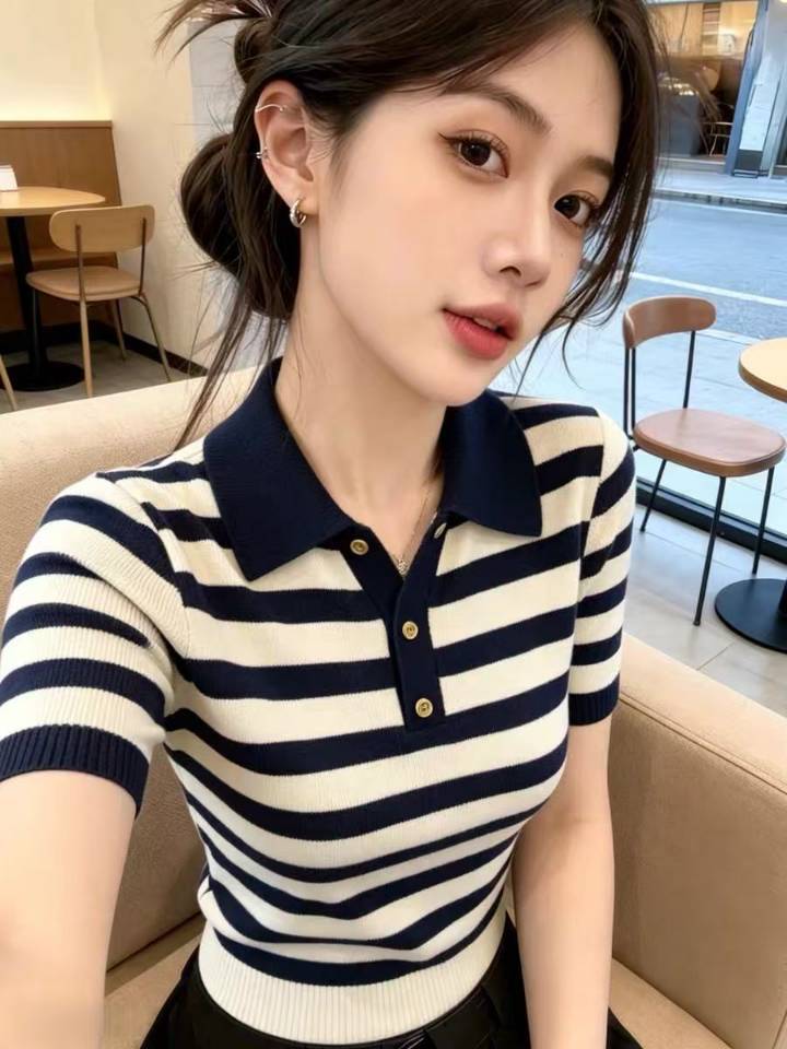 Áo thun polo nữ tay ngắn cổ lật sọc kẻ thanh lịch — Sọc