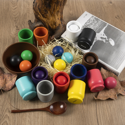 Wooden children's educational early education fun 12-color ball and cup color classification clip beads color recognition matching toy