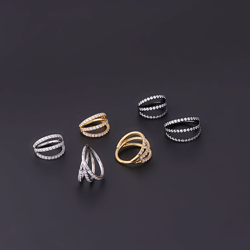 Pure Stainless Steel Three-row Carved Zircon Seamless Closed Nose Ring Nose Studs display picture 1