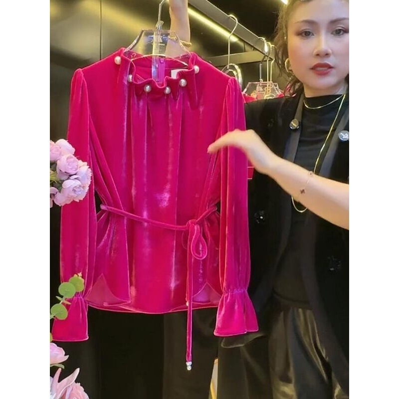 2026 Autumn New Luxury Velvet Tie-Waist T-Shirt with Heavy Beading Design, Solid Color, Versatile, Slimming, Round Neck 2026 Autumn New Luxury Velvet Tie-Waist T-Shirt with Heavy Beading Design, Solid Color, Versatile, Slimming, Round Neck