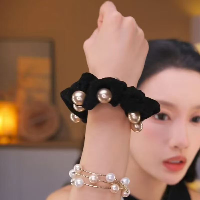 高级感丝绒珠珠大肠发圈女秋冬复古丸子头绳皮筋扎发绳不伤发皮筋|undefined
