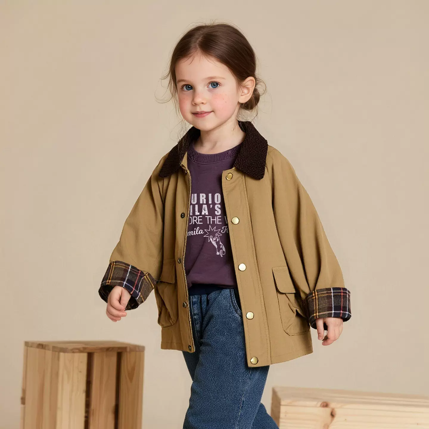 阿米拉童装2025年秋季新款女童外套复古撞色领格纹袖口儿童风衣